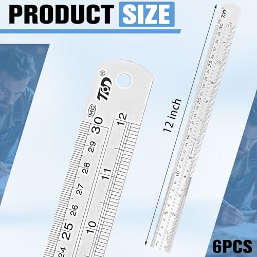 6 Pcs 12 Inch Metal Straight Edge Rulers, Double Sided Inch/Metric Conversion, Non-Bendable Stainless Steel Rulers for Carpentry, Metalworking, Tailoring & Surveying, Drawing, Office, Home - size: 12 Inch