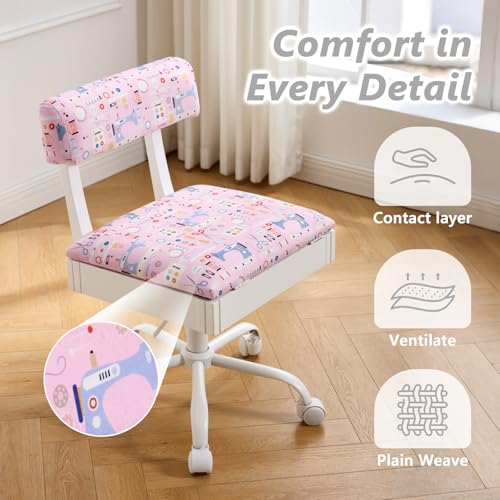 Lessmore Adjustable Height Sewing and Crafting Chair with Wheels, Back Support, and Under Seat Storage - Perfect for Your Craft Room Furniture and Craft Machines (Pink) - color: Pattern-Pink