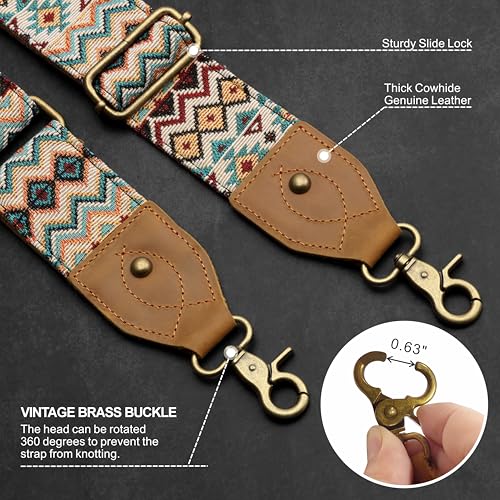 Nefelibata Purse Strap-2" Crazy Horse Leather Wide Shoulder Strap Adjustable Replacement,Retro Jacquard Embroidery Multi-pattern Crossbody Bag Straps for Handbag,Crossbody Bags(Ethnic style apricot) - color: Ethnic Style Apricot