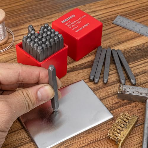 NEIKO 02629A Number and Letter Punch Set with Heat-Treated Steel Punches, Imprinting & Arts and Crafts, 1/16" (1.5MM) Shaft, 36 Pc Stamp Set, Uppercase Letter & Number Punch Set (A-Z / 0-8 / "&") - size: 1.5mm - 1/16"