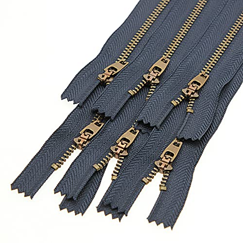 Leekayer 3# 6 Inch Metal Zipper for Jeans 15cm Antique Brass Zipper Close End Jeans Zippers Bulk 6pcs (Navy-Brass) - color: Navy tape-Brass teeth, size: 6"