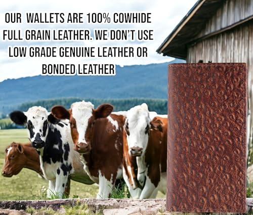 F&L CLASSIC Men's RFID Vintage Look Genuine Leather Long Bifold Wallet Checkbook Wallets,ostrich print brown,240-51 - color: ostrich print