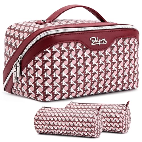 BOYATU Travel Makeup Bag Cosmetic Bags for Women: 3 Pcs Set Make up Bag | Large Capacity Waterproof Vegan Leather Organizer Bags with Compartments - Lay flat Toiletry with Handle (M-78Red) - color: M-78Red