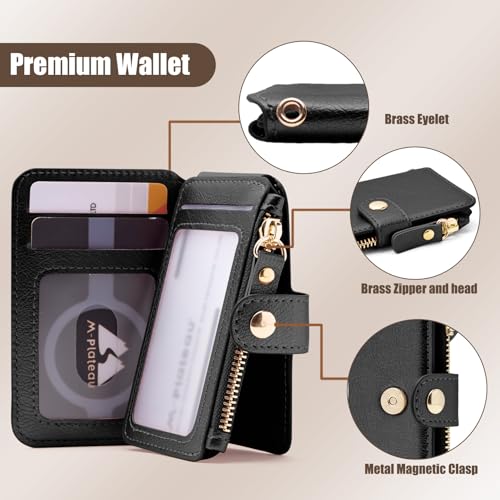 M-Plateau Minimalist Wallet, Card Holder Cute Small Wallet with Doorman Keychain Ring for Car Keys, Zipper Card Case Purse with ID Window,Perfect Gifts for Men and Women (Black) - color: Black