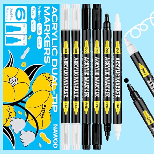 6 White and Black Acrylic Paint Pens Markers, Dual Tip (Fine 1mm + Dot 5mm), Acrylic Permanent Marker for Rock Painting Fabric Canvas Glass Wood Leather Ceramic Paper DIY, Ideal for Kids and Adults - color: 3 White & 3 Black | Fine + Dot