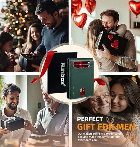 RUNBOX Wallet for Men -Slim Rfid Leather Mens Bifold Novelty Wallets 2 ID Window With Gift Box Men's Accessories - color: EMERALD GREEN