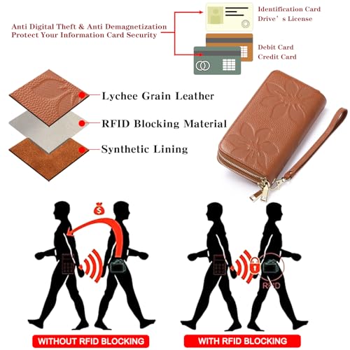GOIACII Women's Wallet RFID Blocking Leather Wristlet | 2 Zip Around, Large Capacity, Credit Card Holder, Ladies Phone Clutch Purse - color: A04 Brown