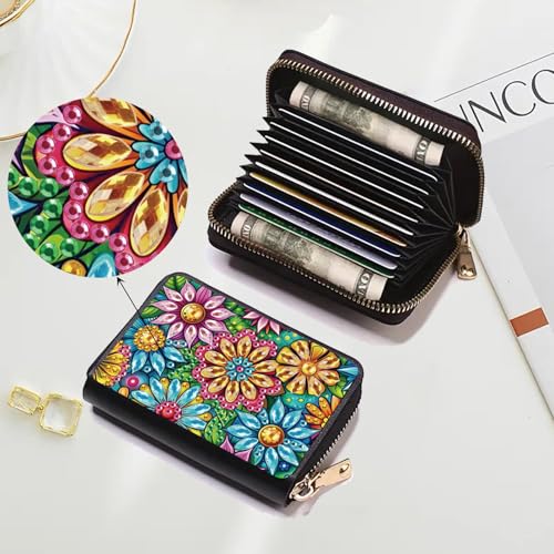 JZHYOAN Portable Diamond Art Zipper Business Small Wallet 11x8 cm DIY Flower Special Pattern Rhinestone Mosiac Card Holder Wallet Diamond Painting Credit Card Holder for Family Woman Adult
