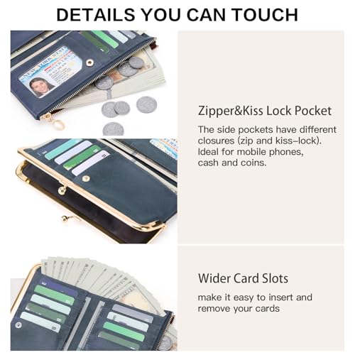 GOIACII Womens Wallet Kiss Lock Bifold Leather Wallets for Women Blue - color: A08 Dark Blue
