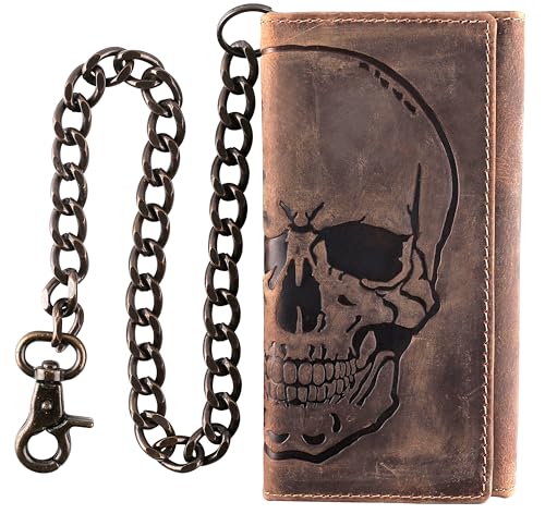 F&L CLASSIC RFID Blocking Mens Tri-fold Long Style Cowhide Leather Steel Chain Wallet,brown distress with skull,212-70 - color: brown distress with skull