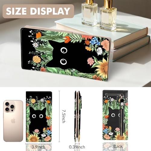 Anikathy Womens Wallet, Rfid Wallets for Women,Slim Thin Credit Card Holder Organizer Purse,PU Leather Cute Long Bifold Clutch Cash Wallet with Zipper Coin Pocket,Ladies Gift,Flowers and Black Cat D - color: Flowers and Black Cat D