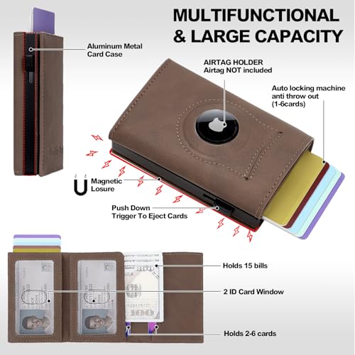 Wallet for Men Minimalist Compact Pop Up Credit Card Holder, Front Pocket Smart RFID Blocking Mens Slim Wallet,Ultra Thin Trifold Mens Leather Wallets Metal (Light Brown) - color: Light Brown