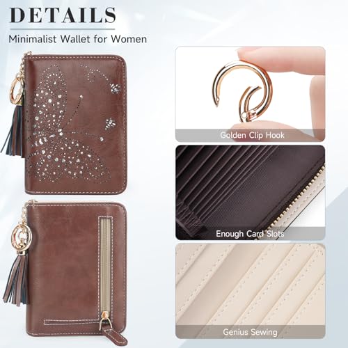 KITEVIUN Women RFID Blocking Small Bifold Wallet, Compact Cash Clutch with Zipper Coin Pocket, Glittery Butterfly Design, Credit Card Holder, Travel Purse with Tassel COFFEE - color: 04-COFFEE