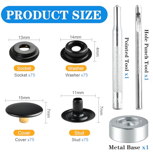 Aemygo 300 Pieces Heavy Duty Metal Snap Fastener Kit, 15mm Brass Snap Button Press Stud Caps with Fixing Tools Black Metal Button Snaps for Marine Boat Canvas Bag Leather DIY Craft
