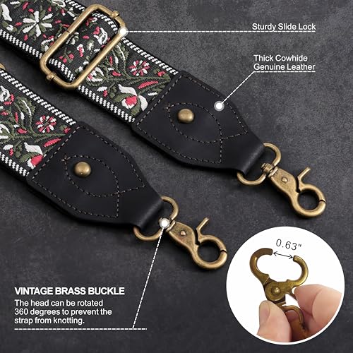 Nefelibata Purse Strap-2" Crazy Horse Leather Wide Shoulder Strap Adjustable Replacement,Retro knit Embroidery Multi-pattern Crossbody Bag Straps for Handbag,Crossbody Bags(Leather White Embroidery) - color: Leather White Flower Embroidery