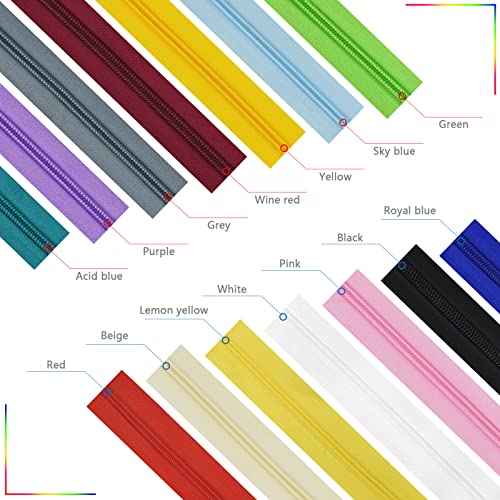 42 Yards #5 Nylon Coil Zippers Kit Sewing Zipper for DIY Sewing Crafts Zipper Tape with Match 112 Pcs Zipper Pull Heads, Zipper Repair Kit for DIY Tailor Sewing Craft Supplies, 14 Color