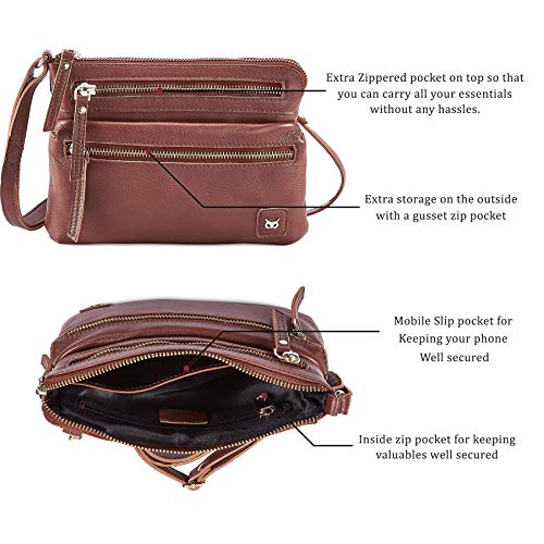 Small Leather Crossbody Bag for Women Adjustable Sling Purse Multi Pocket | Genuine Top Grain Leather, 4 Zip Pockets, Cross Over for Travel, Gift for Women, Phone Pocket - color: Tan Nappa