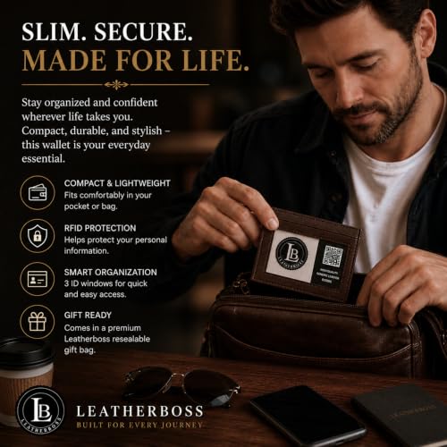 LB LEATHERBOSS Slim Thin Leather Credit Card Triple ID Window Mini Wallet Bifold Driver License Safe (Brown) - color: Brown