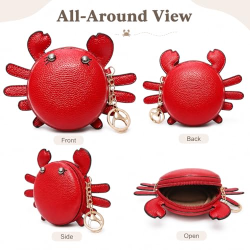 Crab Coin Purse Keychain Bag - Cat Change Pouch Small Cute Wallet Charms - color: A-red