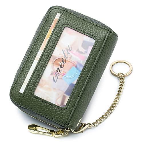 imeetu RFID Credit Card Holder, Small Card Wallet Women, Leather Card Case | Genuine Leather Women's Card & id Cases, Change Coin Purse with Zipper Keychain id Window, 20 Colors & 3 Styles, Daily, Gifts - color: Pro - Olive Green, size: Pro