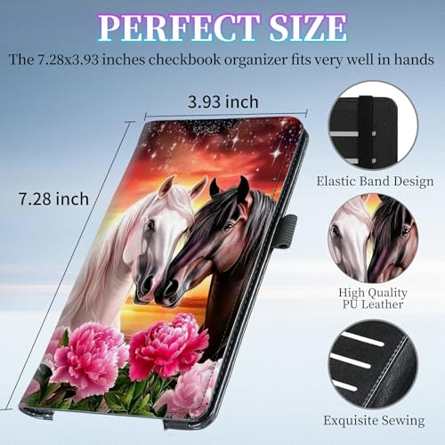 Checkbook Cover for Duplicate Checks,Slim Durable RFID Blocking Checkbook Credit Card Holder for Personal and Business Checks-Peony Flowers and Horses - color: Peony Flowers and Horses