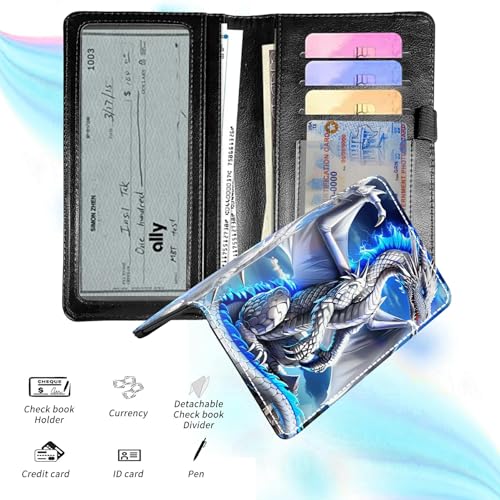 Check Book Cover for Personal Checkbook, Leather Business Checkbooks Plastic Insert Flap Card Holder Pen Hoop Holder with RFID Blocking Slim Wallet for Duplicate Checks Women Men, Blue Dragon - color: Blue Dragon