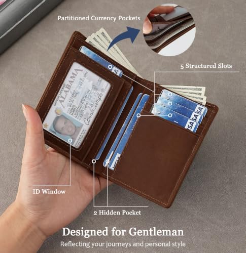 RFID Blocking Bifold Vertical Mens Wallet, Full Grain Leather | Genuine Leather, Compact Travel Design, ID Window, 7 Card Slots & 2 Cash Pockets, Gift Box, Coffee Brown - color: Coffee Brown