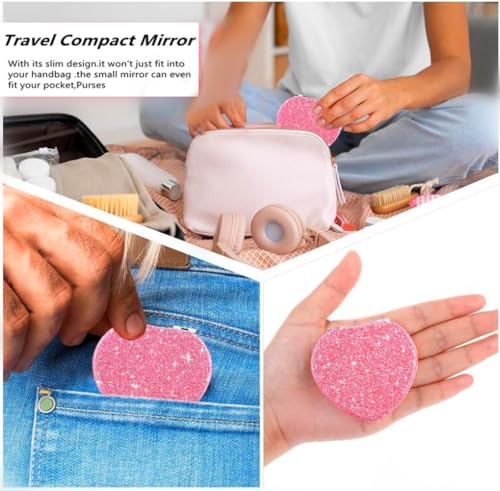 Cute Heart Shaped Compact Mirror for Women,Magnifying Travel Mirror with Glitter,Pink Small Pocket Mirror,Portable 2 x 1x Magnification Folding Makeup Mirror,Cosmetic Mirror for Gift - color: Pink-heart Shape