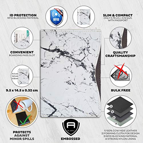 Alban RFID Passport Holder for Women & Men, Genuine Leather Passport Cover - color: White Marble