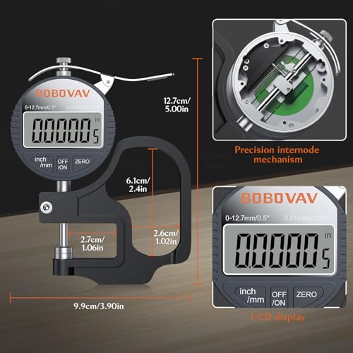 Digital Thickness Gauge 0.5 inch/12.7mm, 0.0005 inch/0.01mm Thickness Measuring Tool Meter with Inch/MM Conversion with Precise LCD Display, Suitable for Leather/Paper/Wire/Fabric/Film etc.