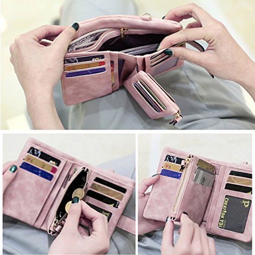 AOXONEL Women's Small Bifold Leather wallet Rfid blocking Ladies Wristlet with Card holder id window Coin Purse - color: Pink