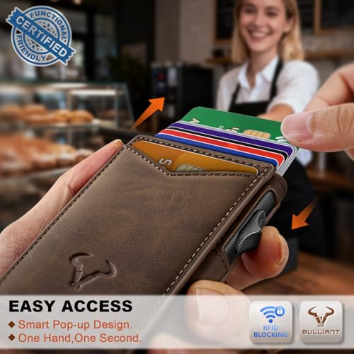 BULLIANT Men Slim Magnetic Leather Wallet Metal Case Money Clip 9 Cards | RFID Blocking | Easy Pop-up Access | Gift Boxed - color: Coffee-4338