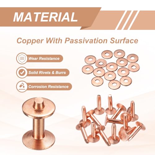 HARFINGTON 15Set Copper Rivets and Burrs Washers 9x3.3x14mm Dimpled Finish Solid Leather Rivet Fastener Studs Posts for Leather DIY Craft Belts Wallets Collars, Copper Tone - color: Copper Tone, size: 9x3.3x14mm