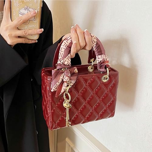Quilted Square Box Bag for Women, Vegan Leather Vanity Purse - color: Burgundy