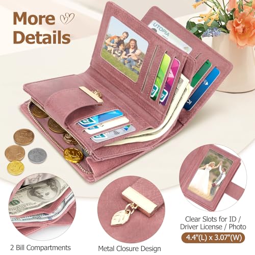 HUANLANG Small Wallets Women RFID Blocking Ladies Wallet with Zipper | Women’s Wallet Credit Card Holder, Leather, ID Window, Zipper Coin Pocket, Bifold,Perfect Gifts,Fits Small Purses,Travel,Pink - color: Pink
