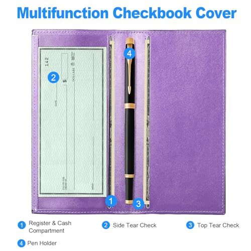 CASMONAL Checkbook Cover for Personal, Check Book Holder for Women & Men | PU Leather with Pen Holder, Transparent PVC Divider for Duplicate Checks - color: Lavender