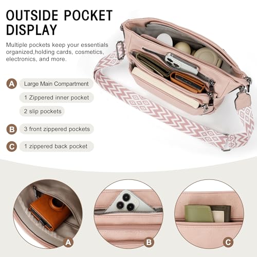 TANTOMI Crossbody Bag for Women PU Leather Travel Purse | Trendy Women's Shoulder Handbags, Comfort Adjustable Wide Strap, Water-Resistant, Multi Pockets for Daily Use & Travel - color: Dusty Pink