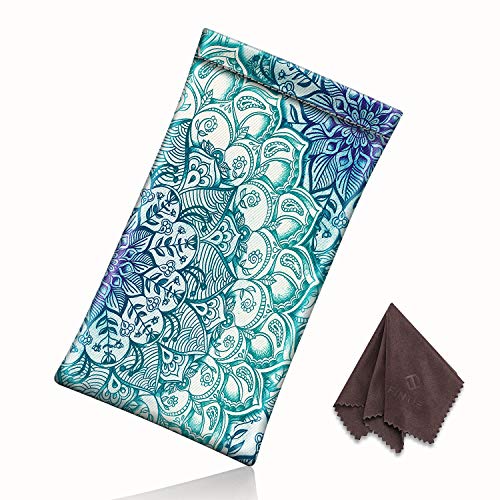 FINTIE Soft Eyeglasses Case with Cleaning Cloth, Squeeze Top Glasses Pouch | Sunglasses Eyewear Bag, Vegan Leather, For Reading /Prescription Glasses Storage, For Women Daily Carry - color: Emerald Illusions