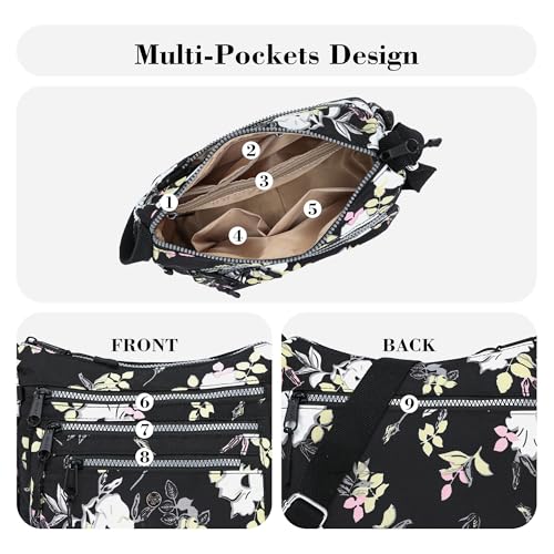 AOCINA Nylon Crossbody Bags for Women Multi Pocket Cross Body Purses - color: Black Flowers, size: Small