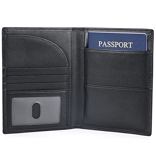 Polare Leather Passport Holder RFID Blocking Travel Bifold Wallet - color: Black