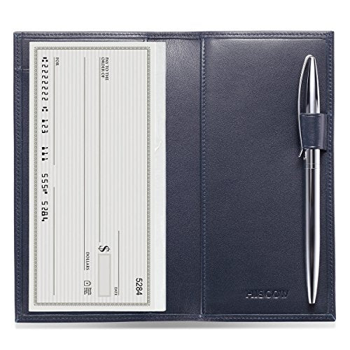 HISCOW Leather Checkbook Cover for Duplicate Checks with Pen Holder - color: Dark Blue