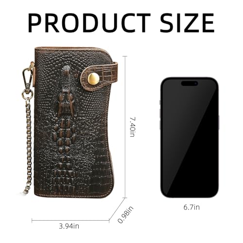 Genuine Crazy Horse Leather Travel Gift Coin Pocket Card Case Long Organizer Chain Rfid Wallet Purse With Snap For Men Male 1088 (1088 Dark Brown-Crocodile) - color: 1088 Dark Brown-Crocodile
