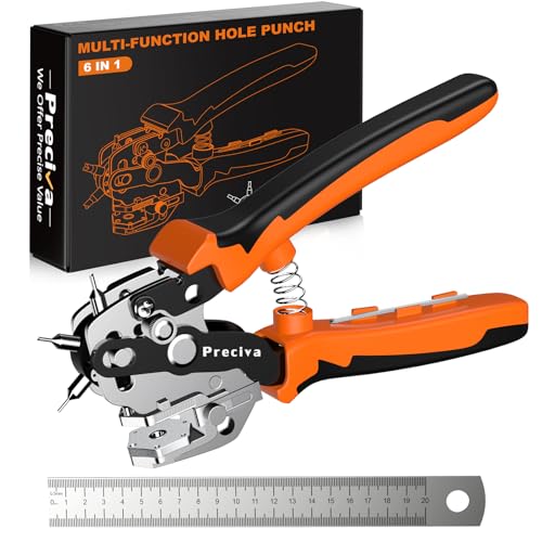 Preciva Hole Punch Plier, Revolving Punch Hole Tool with V-Shaped Cutting Edge Design, 6 Hole Sizes & 20cm Stainless Steel Ruler for Leatherr, Belts, Thin Iron Sheets, Paper Cards, Plastics & Fabrics - color: Orange