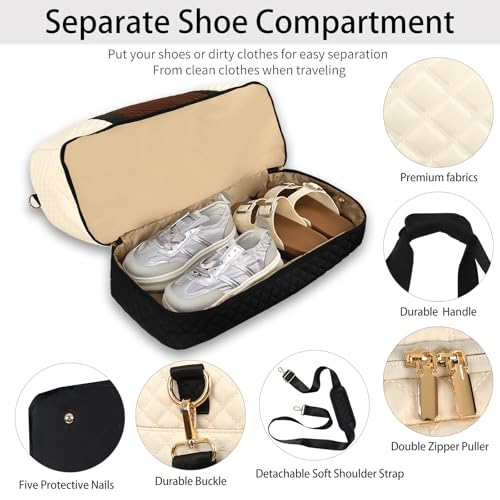 Stuery Weekender Bags for Women with Toiletry Bags: Large Overnight Bags Travel Duffel Bag Carry On Shoulder Weekend Tote with Shoe Compartment and Wet Pocket for Girls Airplane Traveling - color: A-3PCS White Brown Black