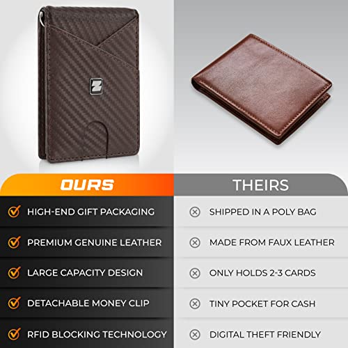 Genuine Leather Slim Carbon Fiber Wallet for Men – Front Pocket Large Capacity Minimalist RFID Card Holder Bifold Wallet With Detachable Money Clip, 8 Slots, ID Window & Release Strap – Brown - color: Brown