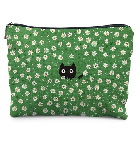 Cute Cat Green Floral Makeup Bag,Gifts for Women Cat Lovers,Cats Lover Lady Mom Grandma Gifts, Abstract Flower Kitty Kitten Zipper Makeup Pouch,Spring Holiday Toiletry Bag - color: Cute Cat Green