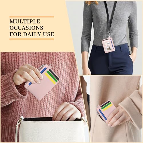 Hancynir Minimalist Slim Wallet Women Credit Card Holder, RFID Small Cute | Zipper Pocket Wallet, Thin Travel Coin Purse, Ladies Women Gifts, Key Chain Card Case, 6 Card Slots, ID Window, PU Leather - color: 01-Lichee PNK