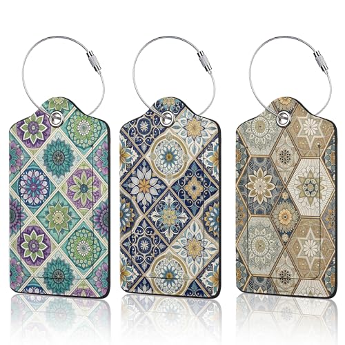 Vintage Mandala Floral Luggage Tag for Suitcase,Design with Privacy Flap Name ID Label Metal Loop, 3 Pack - color: Vintage Mandala Floral