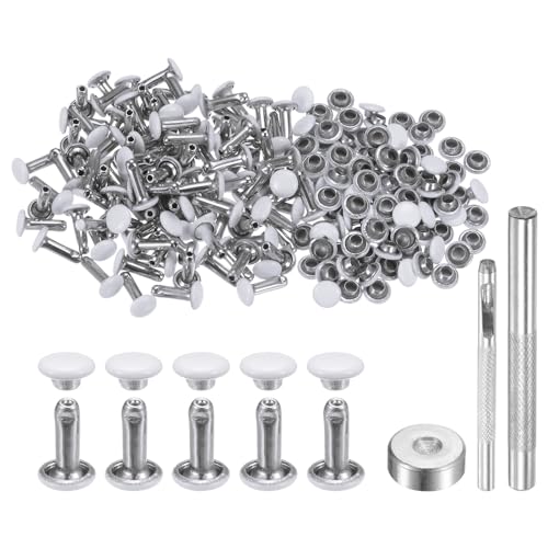 HARFINGTON 100 Sets Leather Rivets 6mm x 10mm Metal Double Cap Rivet Snaps Studs Fasteners with 3pcs Setting Tools Rivets for Leather Craft DIY Repair Decoration, White - color: White, size: 6mm x 10mm