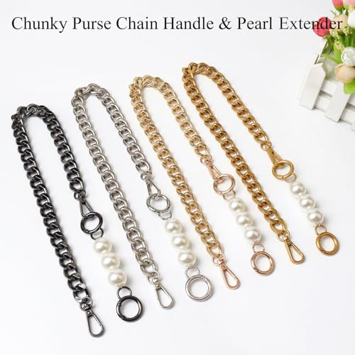 Chunky Purse Chain Handles | Short Strap Replacement for Handbag, Set of 2, 17.7 & 5 Inches Long - color: Brass